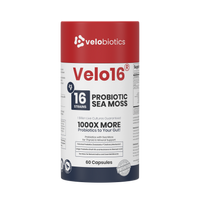 Velo16 Probiotics Sea Moss supplement with 16 strains, lion’s mane, and patented probiotics for gut and cognitive support.