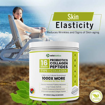 Probiotics Collagen Peptides powder promoting skin elasticity and anti-aging benefits.