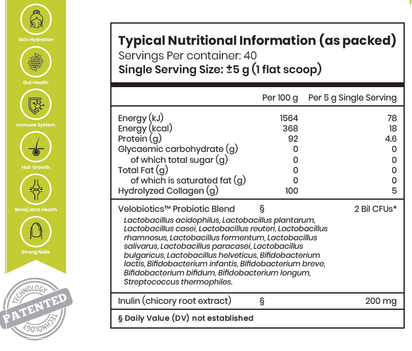 Probiotics Collagen Peptides Powder 200g label showing nutritional information and benefits for skin hydration, gut health, immune system, hair growth, bone, joint health, and strong nails.