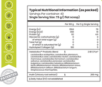 Probiotics Collagen Peptides Powder 200g label showing nutritional information and benefits for skin hydration, gut health, immune system, hair growth, bone, joint health, and strong nails.