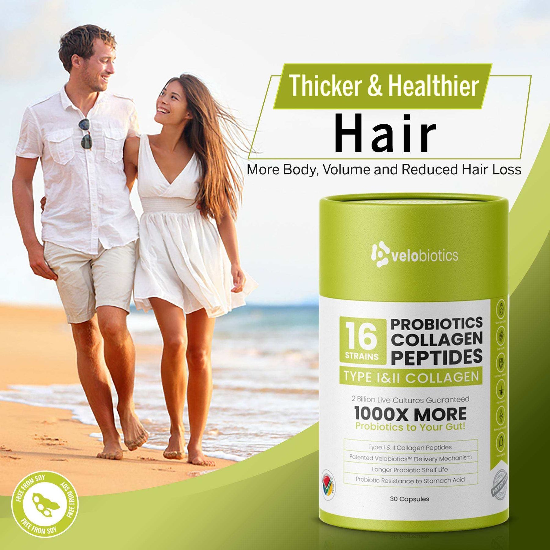 Velobiotics™ Probiotics Collagen Peptides for Thicker, Healthier Hair - 30 Capsules.
