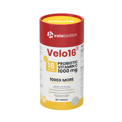 Velo16 Probiotics Vitamin C supplement bottle with 16 probiotic strains and 1000 mg Vitamin C for immune and gut health.