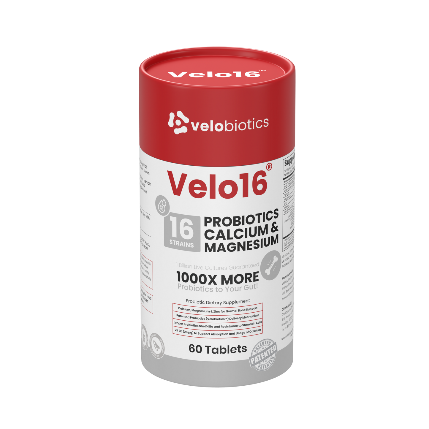 Velo16 Probiotics supplement bottle with 16-strain probiotics, calcium, and magnesium for bone, muscle, and gut health