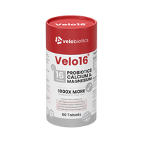 Velo16 Probiotics supplement bottle with 16-strain probiotics, calcium, and magnesium for bone, muscle, and gut health