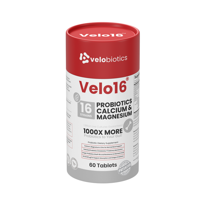 Velo16 Probiotics supplement bottle with 16-strain probiotics, calcium, and magnesium for bone, muscle, and gut health
