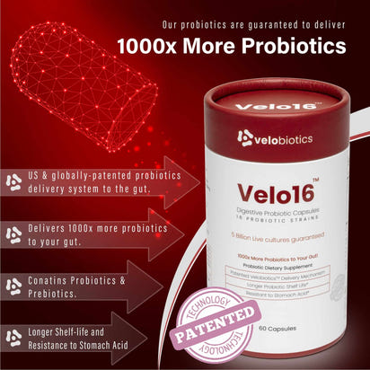 Velo16 Probiotic Capsules bottle with advanced delivery system for enhanced gut health.