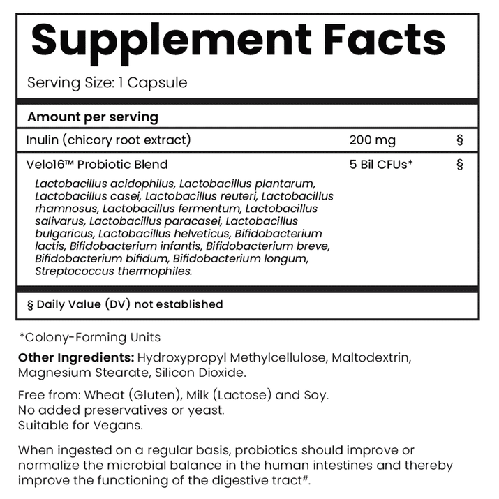 Velo16 Probiotic Digestive Capsules supplement facts and ingredients.