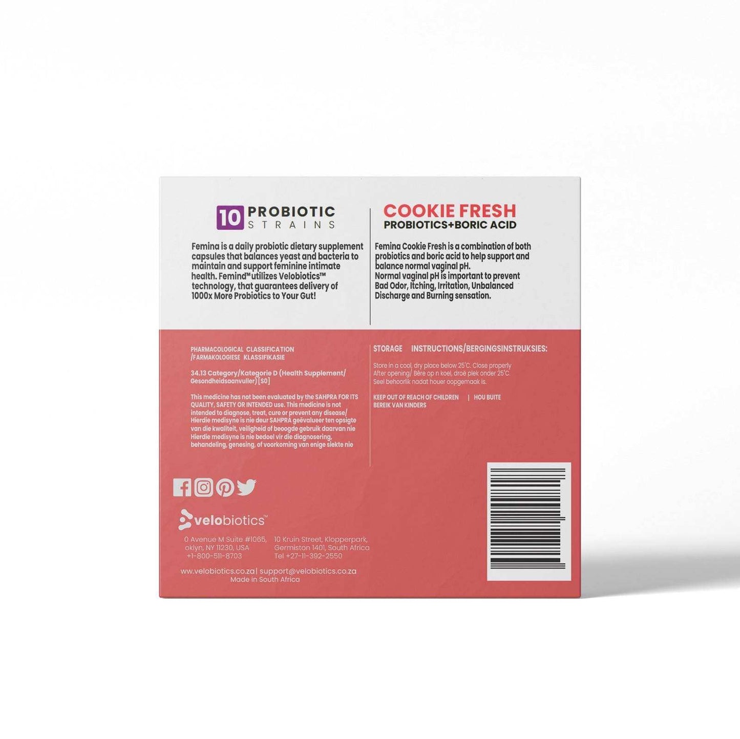 Femina™ Mini Combo packaging featuring probiotics and Cookie Fresh ingredients for feminine health.