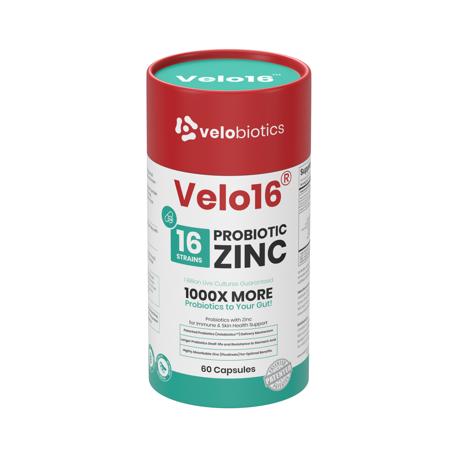Velo16 Probiotics supplement with zinc picolinate for immune and skin health, 60 capsules bottle