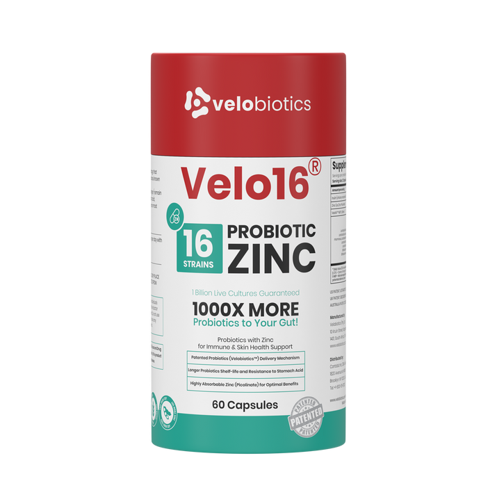 Velo16 Probiotics + Zinc supplement bottle with 16 strains and 60 capsules for gut health and immune support