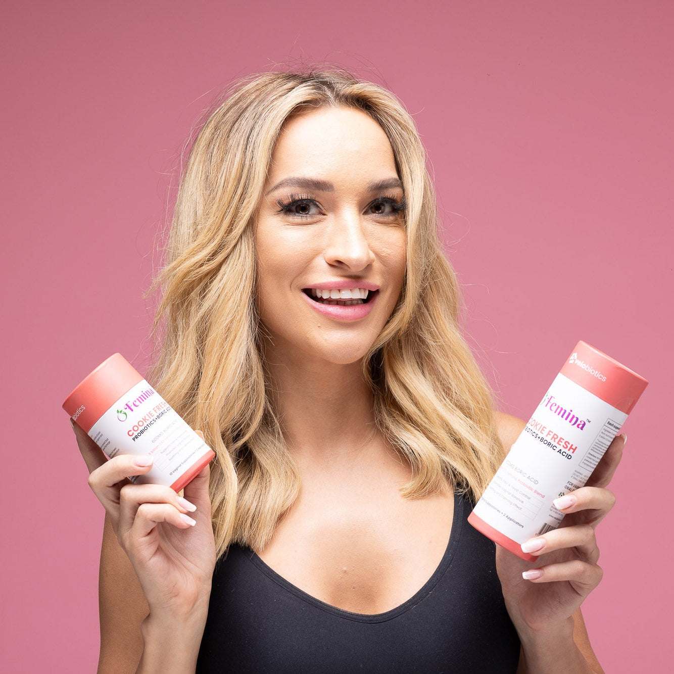 Femina Cookie Fresh Probiotics and Boric Acid Suppositories packaging for intimate health balance and relief