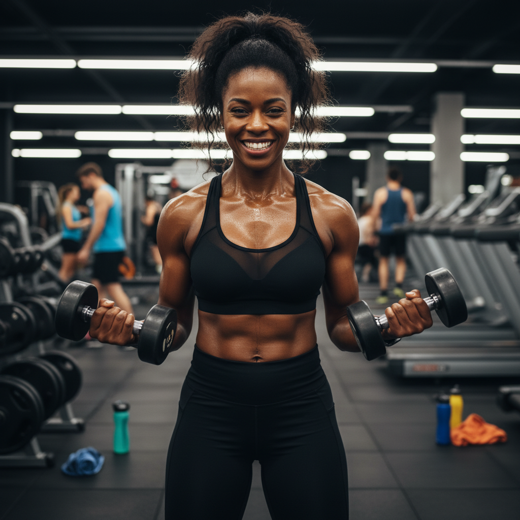 Fit woman exercising with dumbbells in gym promoting GutSlim Probiotics fat burner for weight loss and gut health transformation