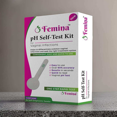 Femina Vaginal pH Self-Test Kit packaging and test strip for at-home intimate health monitoring