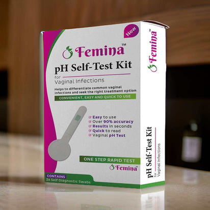 Femina Vaginal pH Self-Test Kit box with test strips for fast and accurate vaginal pH testing at home