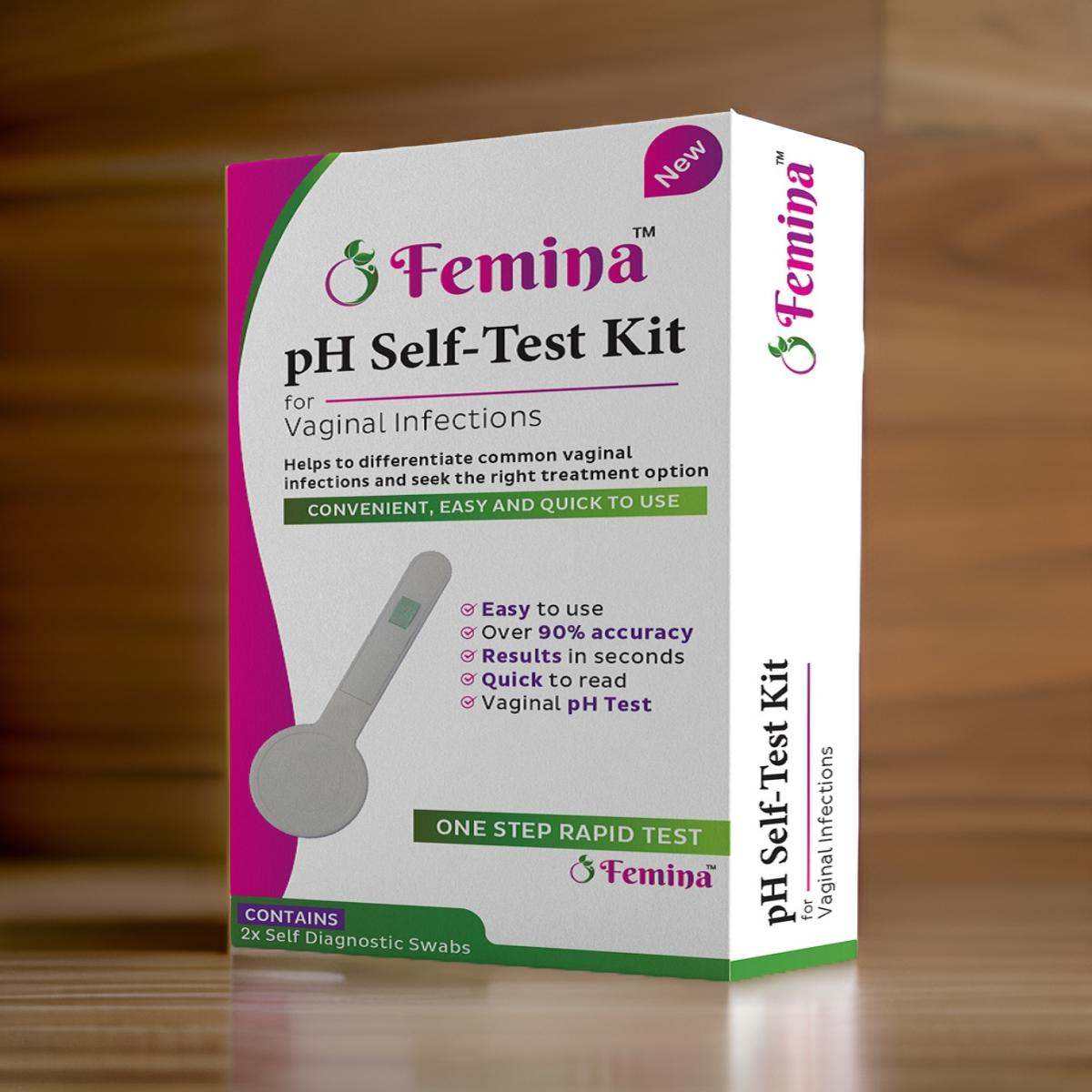 Femina Vaginal pH Self-Test Kit box with test strips for accurate intimate health monitoring at home