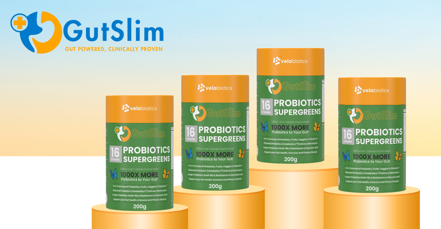 GutSlim Probiotics SuperGreens packaging displayed on podiums, promoting gut health and wellness.